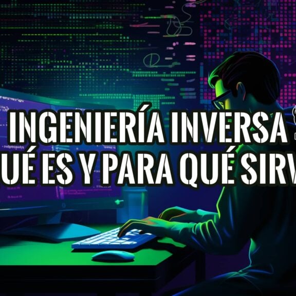 Ilustración de una persona trabajando en un ordenador con código en la pantalla. El título "Ingeniería Inversa: ¿Qué es y para qué sirve?" se superpone a la imagen.
