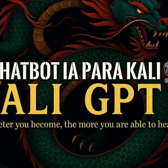 Ilustración de un dragón verde y dorado sobre un fondo negro. En el centro, el texto "Kali GPT: Chatbot IA para Kali" en letras doradas y blancas.