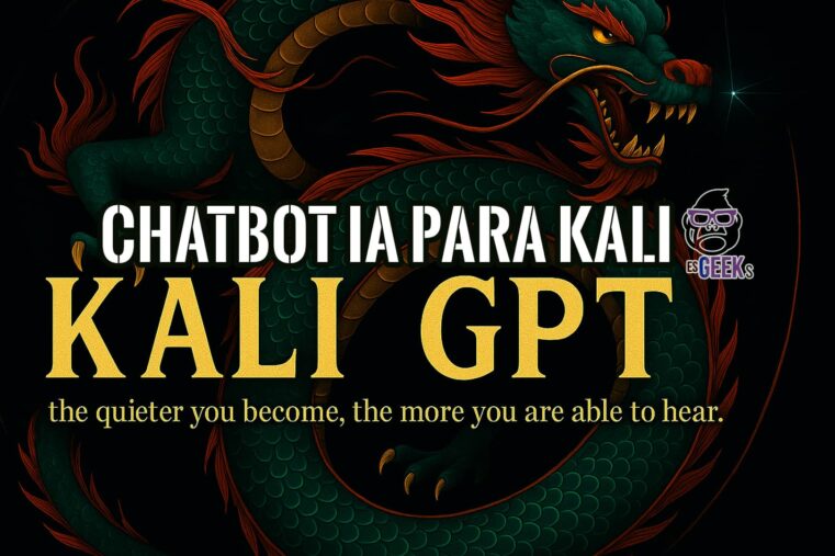 Ilustración de un dragón verde y dorado sobre un fondo negro. En el centro, el texto "Kali GPT: Chatbot IA para Kali" en letras doradas y blancas.