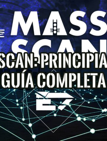 Imagen gráfica de Masscan para principiantes. El diseño incluye el logo de Masscan, una red de conexiones y el texto "Masscan-Principiantes Guía Completa".