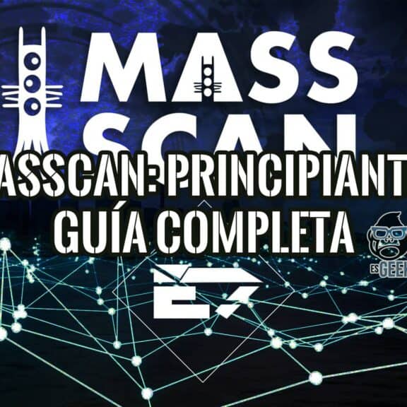 Imagen gráfica de Masscan para principiantes. El diseño incluye el logo de Masscan, una red de conexiones y el texto "Masscan-Principiantes Guía Completa".