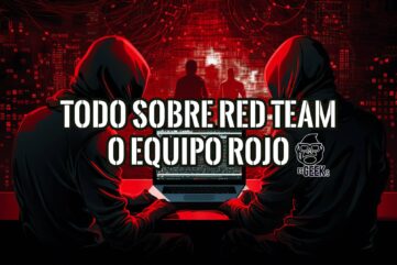 Ilustración de dos figuras encapuchadas trabajando en un portátil, con un fondo de código binario rojo. El texto "TODO SOBRE RED TEAM O EQUIPO ROJO" se superpone a la imagen.