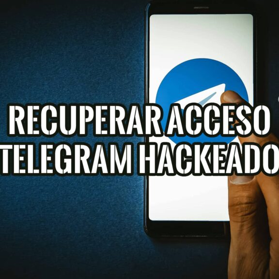 Una mano sobre un teléfono inteligente mostrando la aplicación Telegram, con texto superpuesto: "Recuperar Acceso Telegram Hackeado".