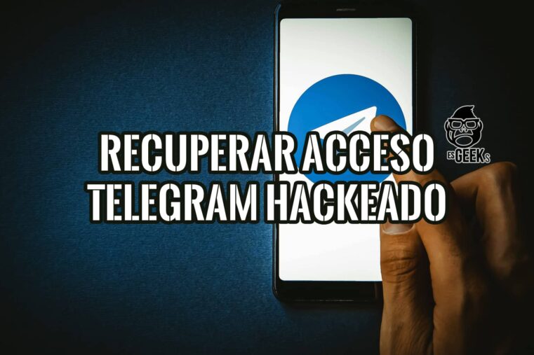 Una mano sobre un teléfono inteligente mostrando la aplicación Telegram, con texto superpuesto: "Recuperar Acceso Telegram Hackeado".