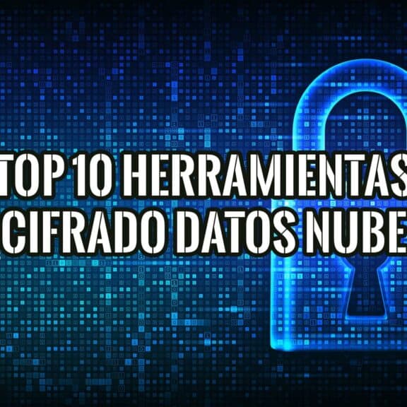 Candado digital brillante sobre fondo de código binario, con el texto "Top 10 Herramientas Cifrado Datos Nube".