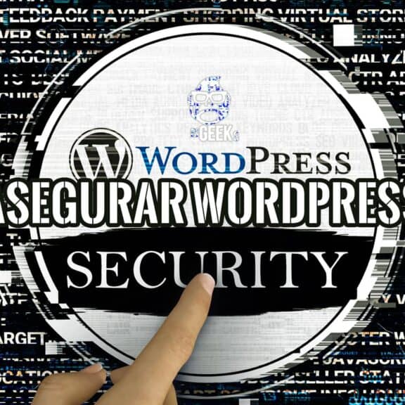 Imagen que muestra un círculo con el logo de WordPress y la frase "ASEGURAR WORDPRESS SECURITY" sobre un fondo de código digital. Un dedo índice señala la palabra "SECURITY".