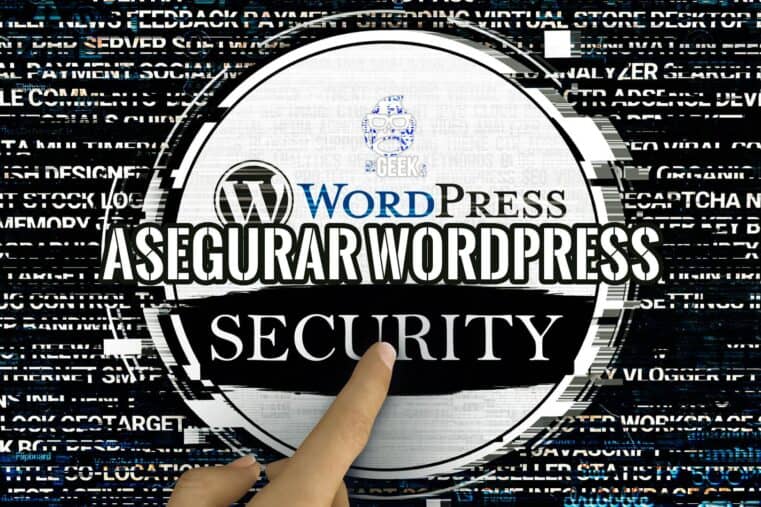 Imagen que muestra un círculo con el logo de WordPress y la frase "ASEGURAR WORDPRESS SECURITY" sobre un fondo de código digital. Un dedo índice señala la palabra "SECURITY".