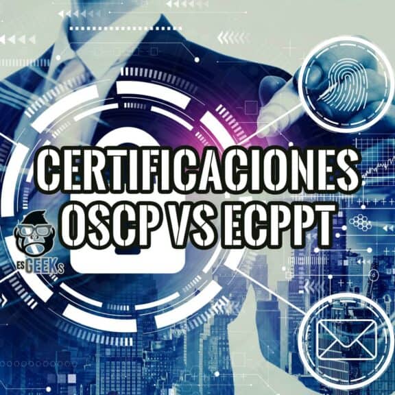 Imagen gráfica que compara las certificaciones OSCP y eCPPT en ciberseguridad, con un fondo de elementos tecnológicos.