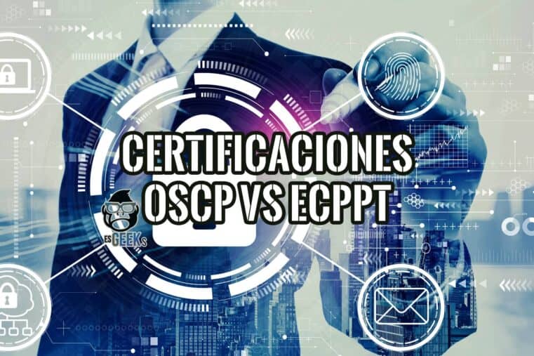 Imagen gráfica que compara las certificaciones OSCP y eCPPT en ciberseguridad, con un fondo de elementos tecnológicos.