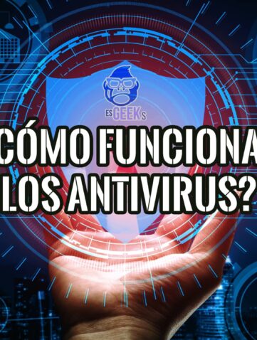 Una mano sosteniendo un escudo digital con la pregunta "¿Cómo funcionan los antivirus?" en un fondo de tecnología.