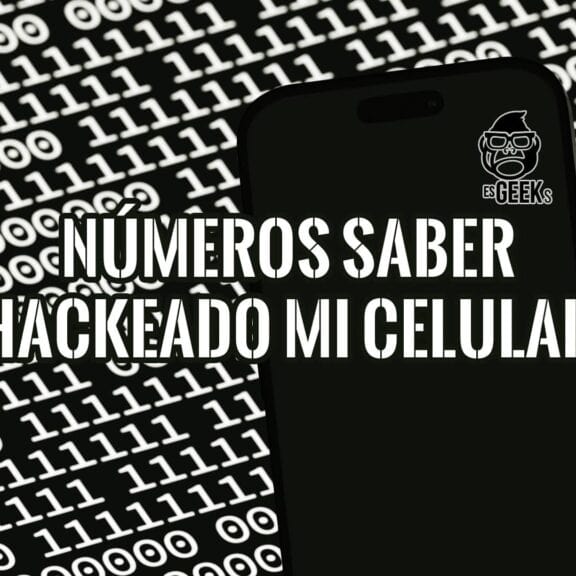 Imagen de un teléfono móvil con una pantalla negra sobre un fondo de código binario. El texto superpuesto dice "Números para saber si está hackeado mi celular".