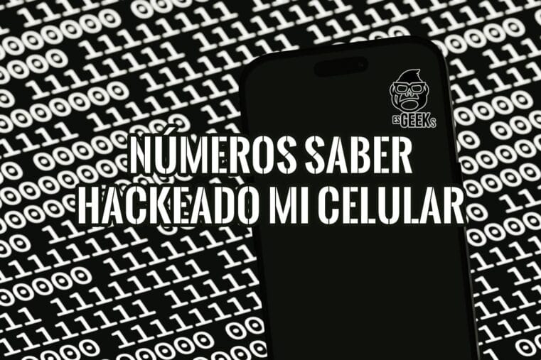 Imagen de un teléfono móvil con una pantalla negra sobre un fondo de código binario. El texto superpuesto dice "Números para saber si está hackeado mi celular".