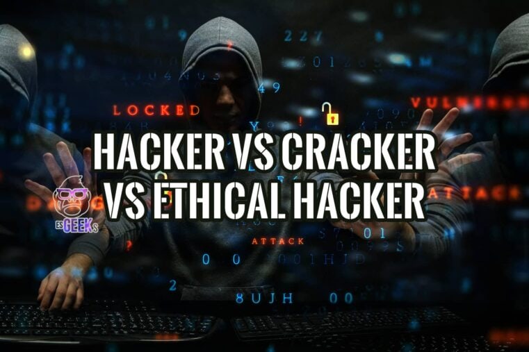 Imagen de tres figuras encapuchadas frente a un ordenador, representando a un hacker, un cracker y un hacker ético.