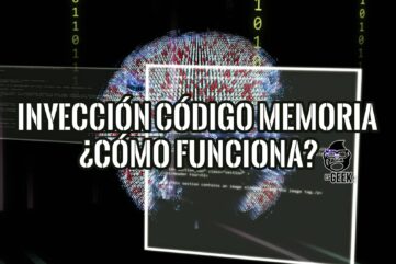 Imagen gráfica que representa la inyección de código en memoria, con código fuente y una esfera digital en el centro. El texto "INYECCIÓN CÓDIGO MEMORIA ¿CÓMO FUNCIONA?" está superpuesto.
