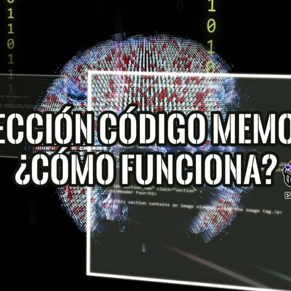 Imagen gráfica que representa la inyección de código en memoria, con código fuente y una esfera digital en el centro. El texto "INYECCIÓN CÓDIGO MEMORIA ¿CÓMO FUNCIONA?" está superpuesto.