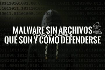Diseño digital con el texto "Malware Sin Archivos: Qué Son y Cómo Defenderse" superpuesto sobre una figura encapuchada y código binario, representando la amenaza del malware "invisible".