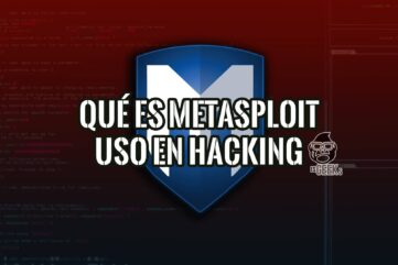 El logo de Metasploit sobre un fondo de código fuente y la pregunta "¿Qué es Metasploit y su uso en hacking?" en letras blancas.