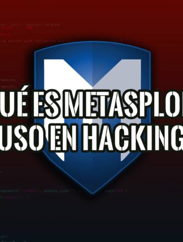 El logo de Metasploit sobre un fondo de código fuente y la pregunta "¿Qué es Metasploit y su uso en hacking?" en letras blancas.