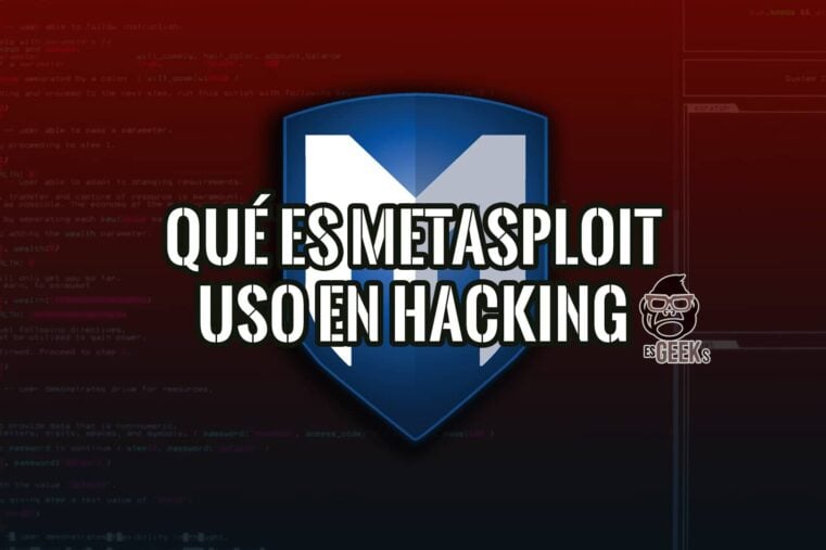El logo de Metasploit sobre un fondo de código fuente y la pregunta "¿Qué es Metasploit y su uso en hacking?" en letras blancas.