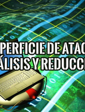 Un portátil en un flotador sobre un mar de código binario. Análisis y reducción de la superficie de ataque en ciberseguridad.