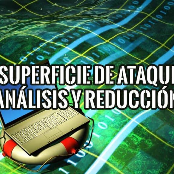 Un portátil en un flotador sobre un mar de código binario. Análisis y reducción de la superficie de ataque en ciberseguridad.