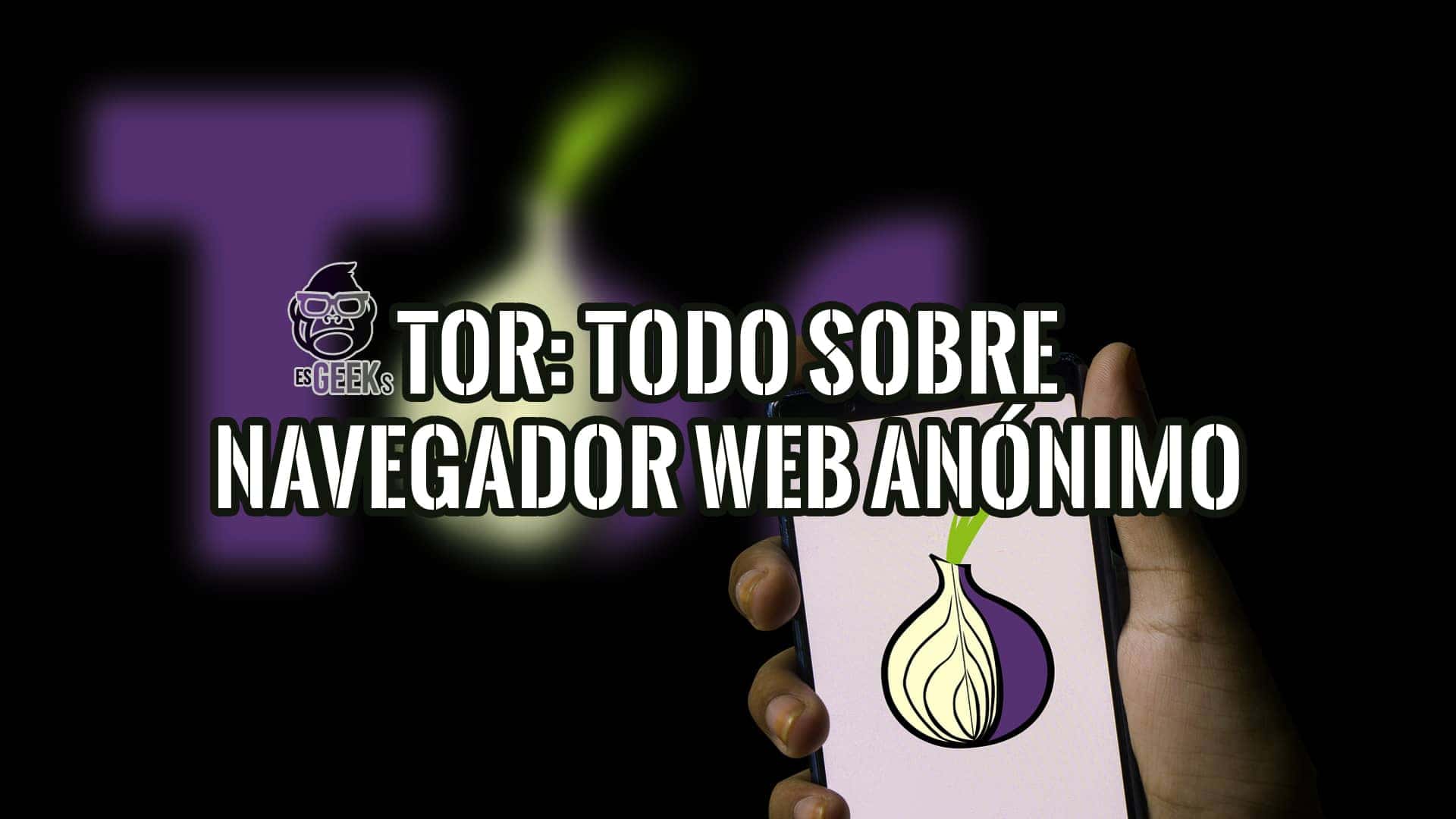 Una mano sostiene un teléfono móvil que muestra el logo de Tor, un navegador web anónimo. El texto superpuesto dice "TOR: Todo sobre el navegador web anónimo".