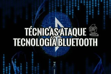 Imagen de un hacker encapuchado sobre un fondo oscuro con código binario, y la silueta de un chip Bluetooth. El texto dice "TÉCNICAS ATAQUE TECNOLOGÍA BLUETOOTH".