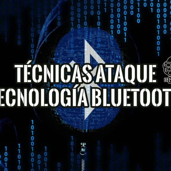Imagen de un hacker encapuchado sobre un fondo oscuro con código binario, y la silueta de un chip Bluetooth. El texto dice "TÉCNICAS ATAQUE TECNOLOGÍA BLUETOOTH".