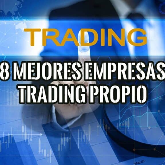 Mano seleccionando "8 Mejores Empresas Trading Propio" en pantalla con gráficos financieros. Ranking 2025.