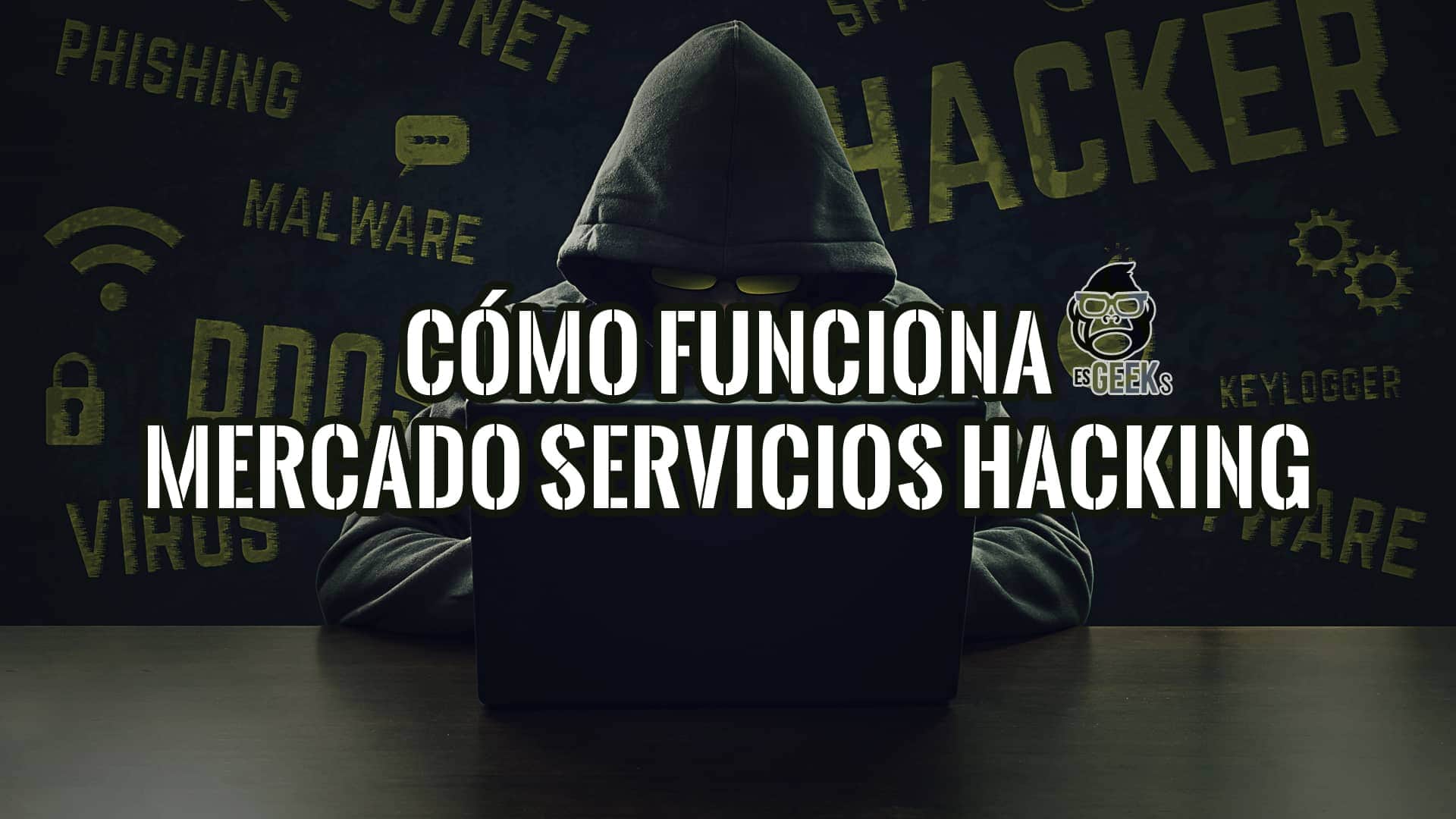 Hacker con portátil en un entorno oscuro. Guía sobre cómo contratar a un hacker y el mercado de servicios de hacking.