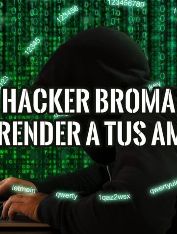 Hacker Broma para sorprender a tus amigos: imagen de hacker con portátil, código binario y elementos de diseño digital.