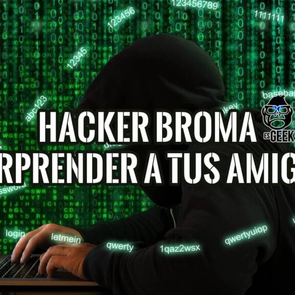 Hacker Broma para sorprender a tus amigos: imagen de hacker con portátil, código binario y elementos de diseño digital.