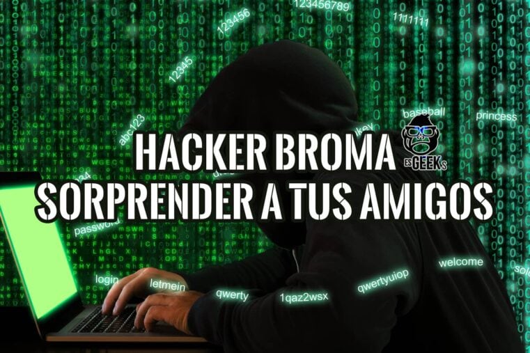 Hacker Broma para sorprender a tus amigos: imagen de hacker con portátil, código binario y elementos de diseño digital.