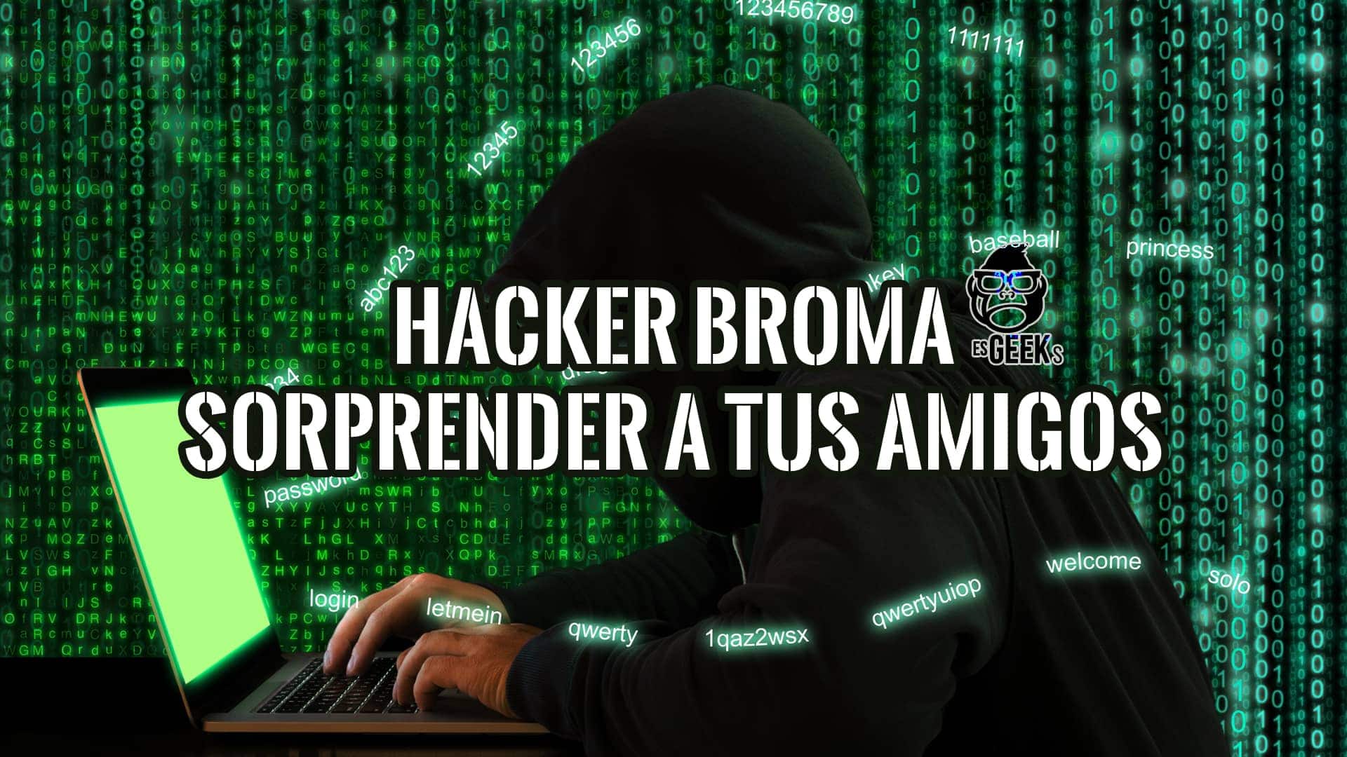 Hacker Broma para sorprender a tus amigos: imagen de hacker con portátil, código binario y elementos de diseño digital.
