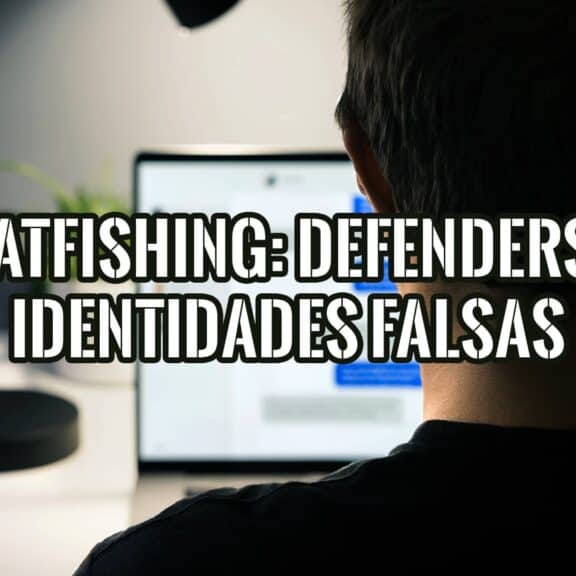 Catfishing: cómo defenderse de las identidades falsas en línea. Imagen de una persona de espaldas mirando un portátil con texto superpuesto.