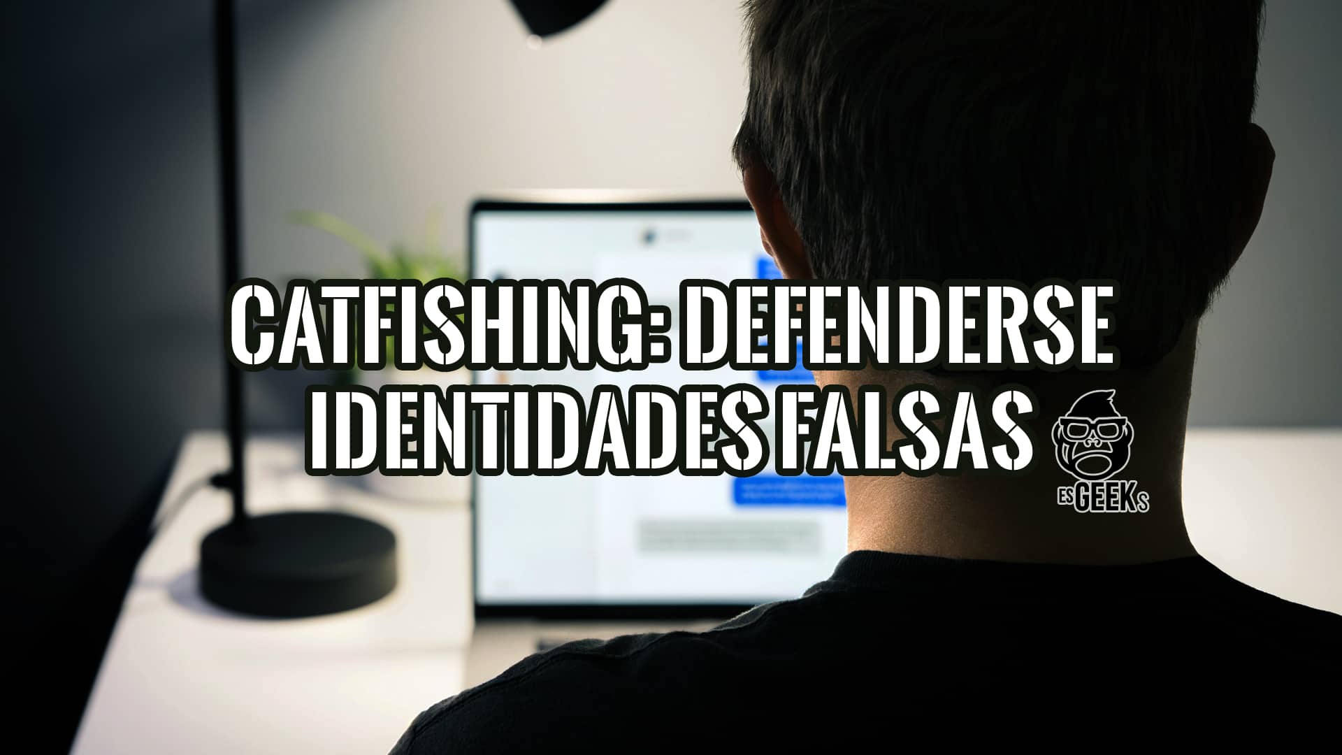 Catfishing: cómo defenderse de las identidades falsas en línea. Imagen de una persona de espaldas mirando un portátil con texto superpuesto.