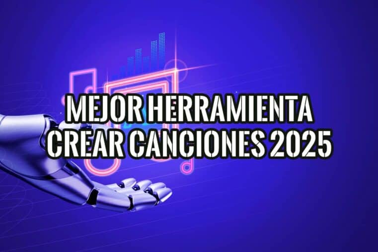 Una mano robótica y texto "Mejor Herramienta Crear Canciones 2025", imagen para un post sobre herramientas de creación musical.