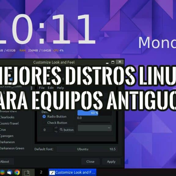 Pantalla de escritorio Linux con menú de aplicaciones y texto Las Mejores Distribuciones de Linux para Equipos Antiguos.