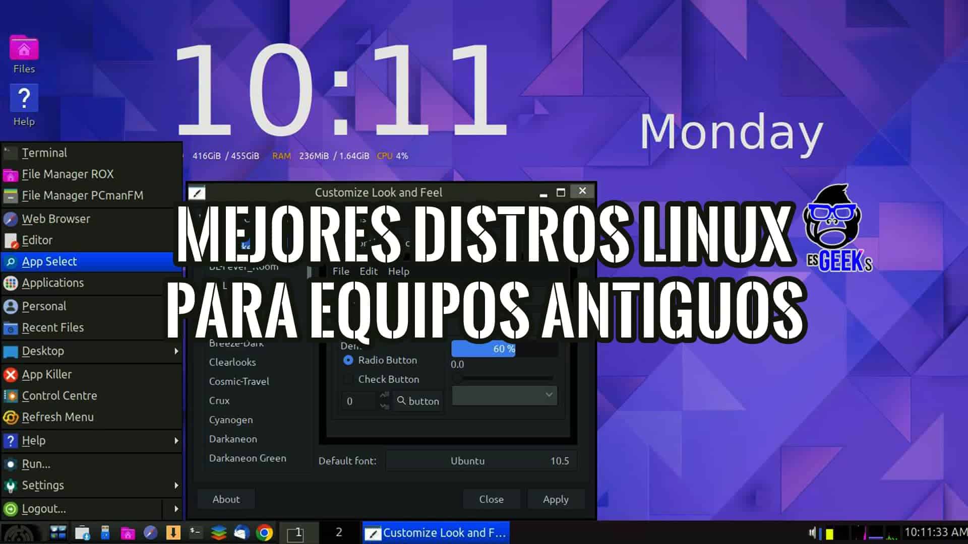 Pantalla de escritorio Linux con menú de aplicaciones y texto Las Mejores Distribuciones de Linux para Equipos Antiguos.