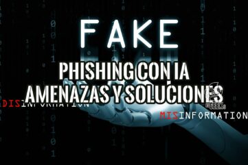 Mano robótica sobre fondo de código binario, con el texto Phishing con IA: Amenazas y Soluciones Efectivas. Descubre cómo protegerte.