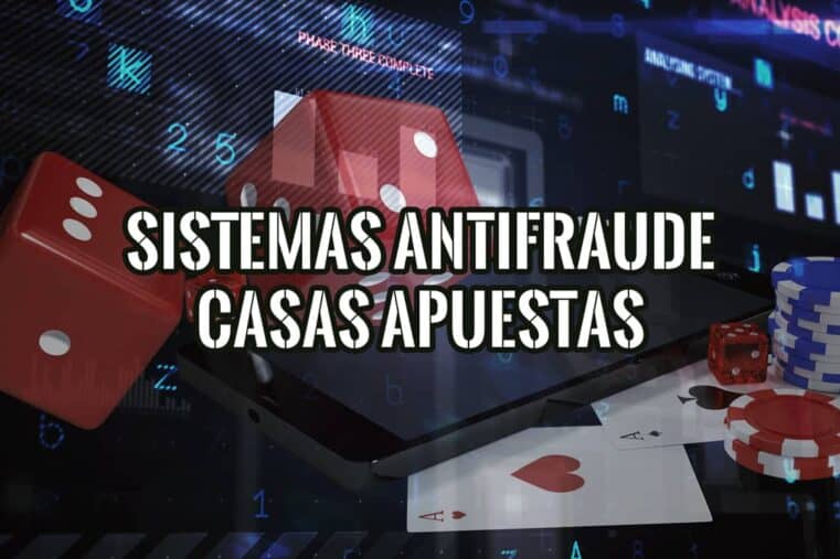 Ilustración sobre los sistemas antifraude en casas de apuestas, con dados, fichas y una pantalla con análisis de datos.