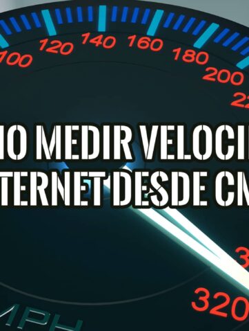 Imagen de un velocímetro con una aguja marcando alta velocidad y el texto superpuesto "Cómo Medir la Velocidad de Internet desde CMD".