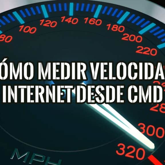 Imagen de un velocímetro con una aguja marcando alta velocidad y el texto superpuesto "Cómo Medir la Velocidad de Internet desde CMD".