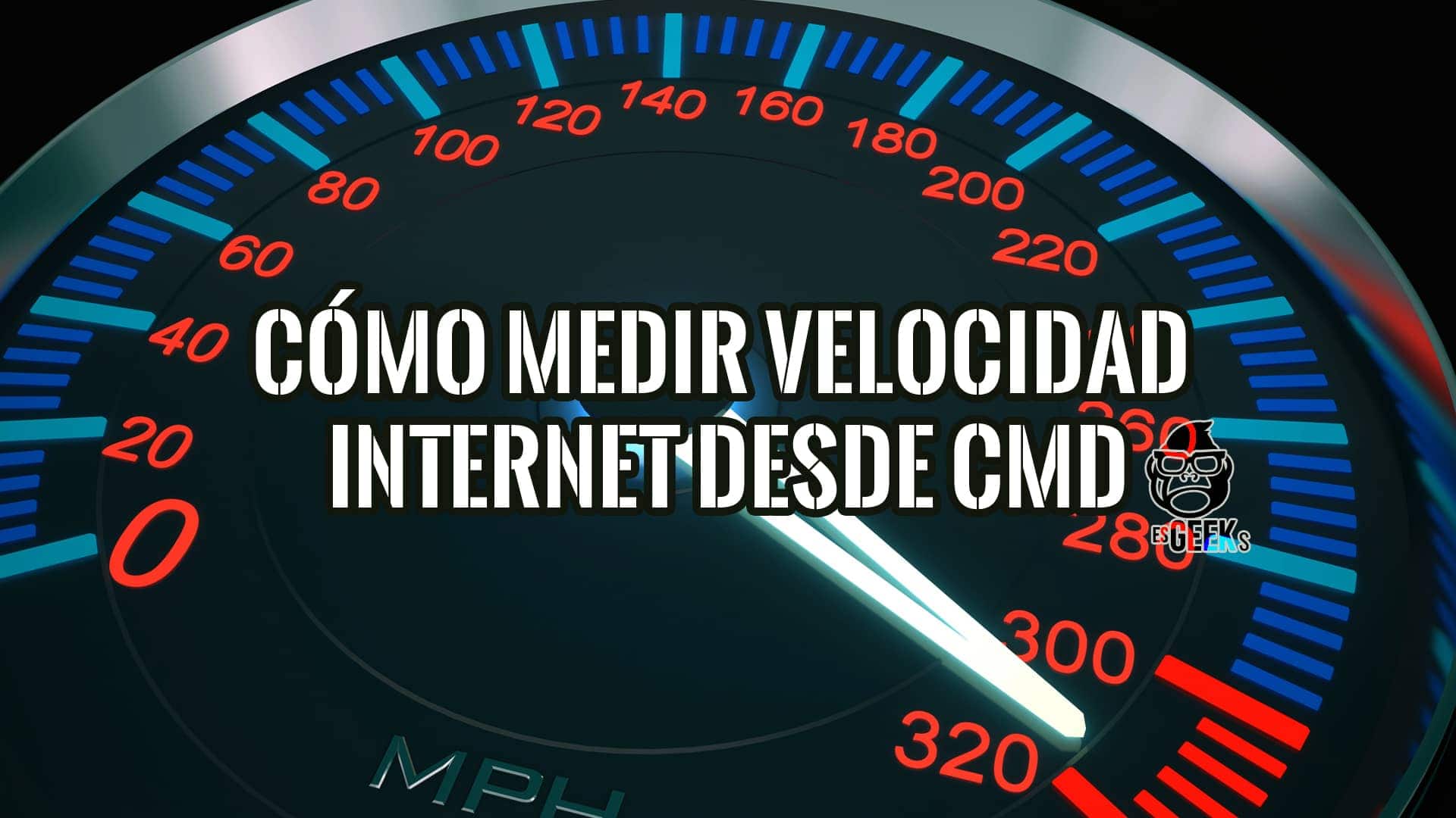 Imagen de un velocímetro con una aguja marcando alta velocidad y el texto superpuesto "Cómo Medir la Velocidad de Internet desde CMD".