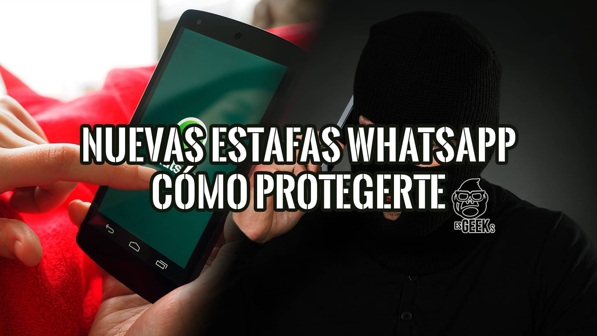 Persona usando un móvil junto a un hacker para ilustrar el peligro de las nuevas estafas de WhatsApp y cómo protegerse.