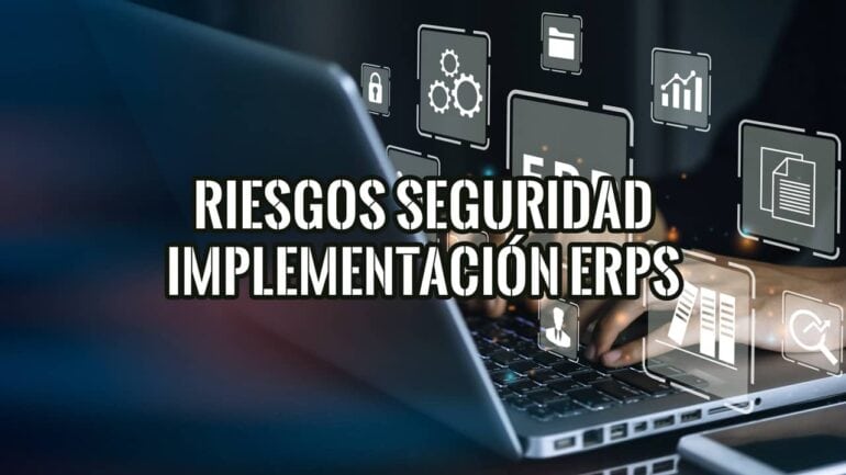 Persona trabajando en un portátil con iconos de gestión que ilustran los riesgos de seguridad en la implementación de ERPs.