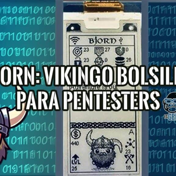 Collage del gadget Bjorn, el vikingo de bolsillo para pentesters, con su pantalla e-paper y un fondo de código binario.