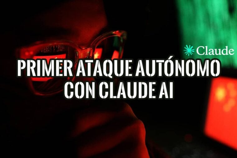 Ilustración de un ciberataque con el logo de Claude AI, una bandera china y la silueta de un hacker en la oscuridad.