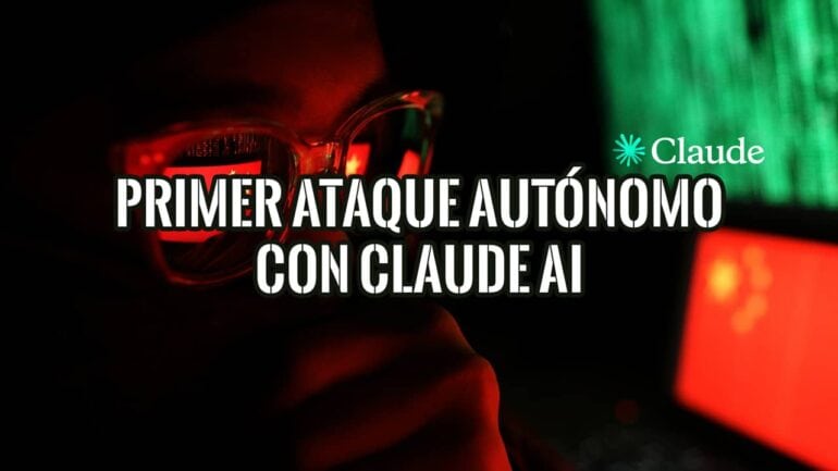 Ilustración de un ciberataque con el logo de Claude AI, una bandera china y la silueta de un hacker en la oscuridad.