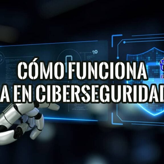 Ilustración futurista de una mano robótica interactuando con una interfaz digital sobre cómo funciona la IA en ciberseguridad.